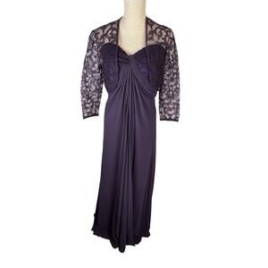 Tadashi Shoji 2 Piece Evening Gown Maxi Dress Women's 8 Purple Lace Jacket Party